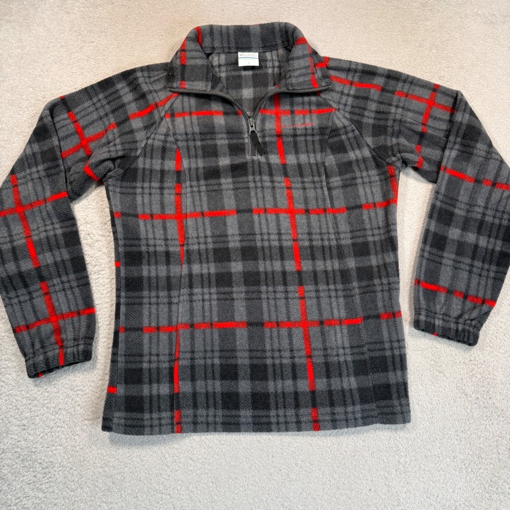 Columbia Fleece Pullover Womens S Grey Red Plaid Quarter Zip Hiking Gorpcore